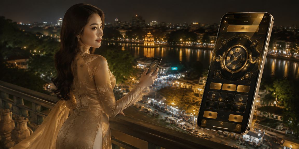 Người dùng Hà Nội mặc áo dài sử dụng điện thoại để truy cập nền tảng casino trực tuyến