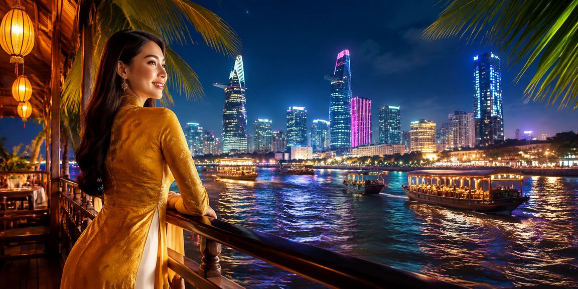 Phụ nữ Việt Nam mặc áo dài bên sông Mekong thưởng thức không khí giải trí trực tuyến
